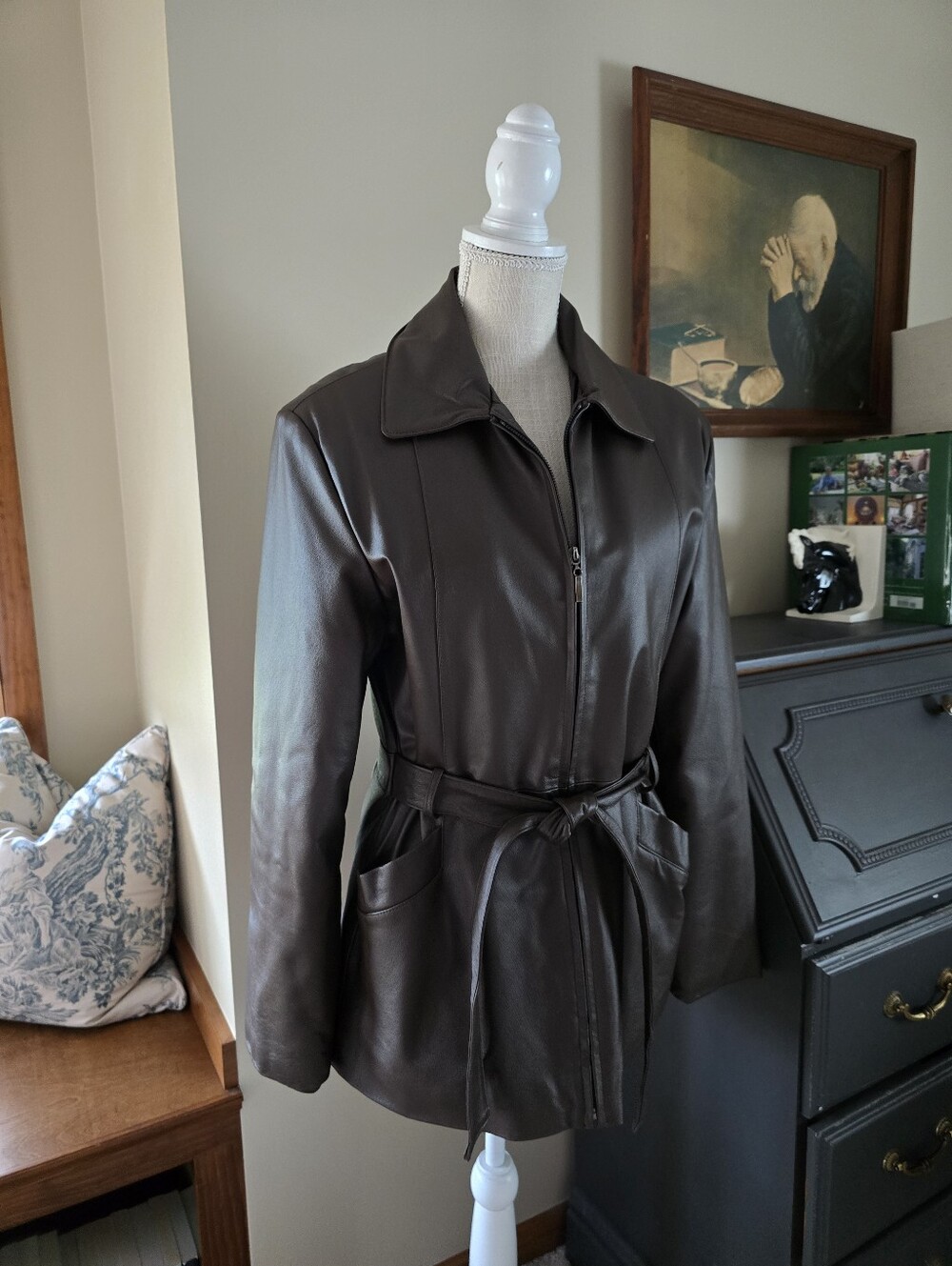 Mitsu Womens Size M Brown Soft Leather Belted Full Zip With Pockets Jacket